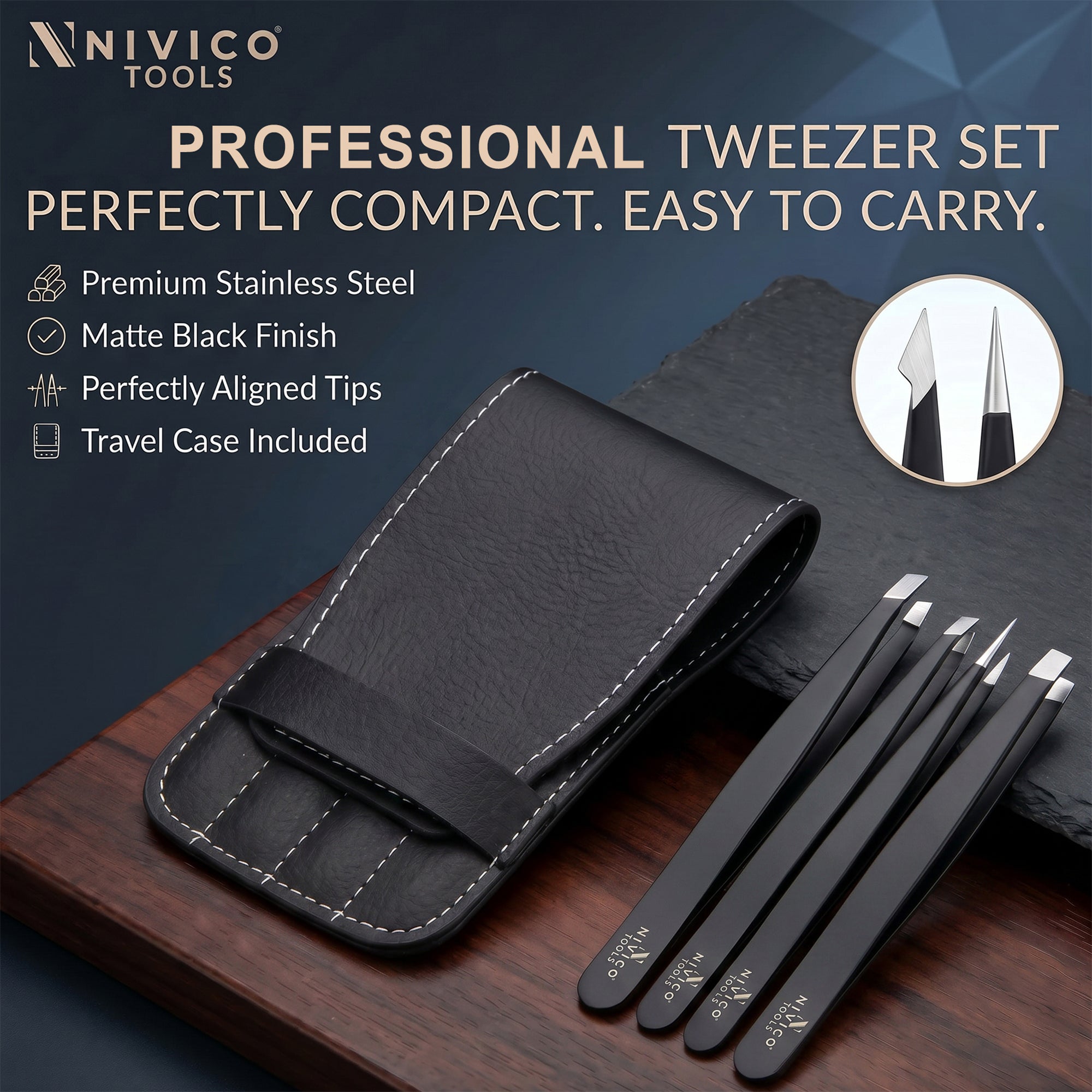 NIVICO Black Tweezers Set with Leather Pouch