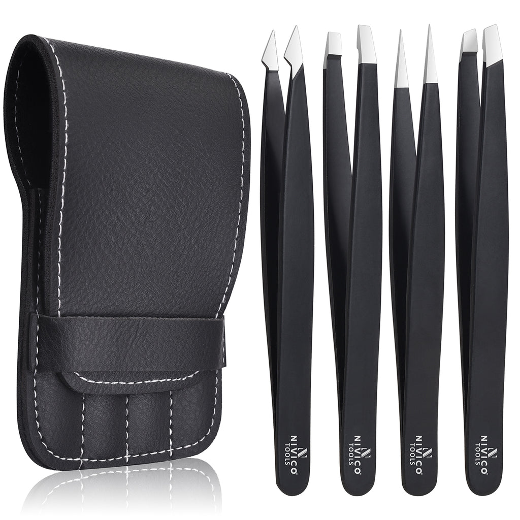 NIVICO Black Tweezers Set with Leather Pouch