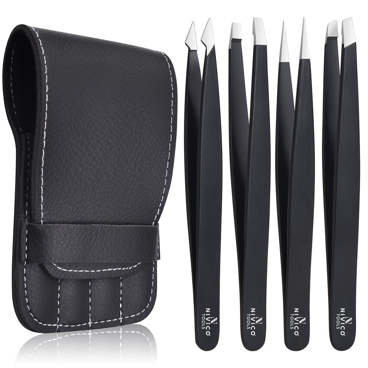 NIVICO Black Tweezers Set with Leather Pouch