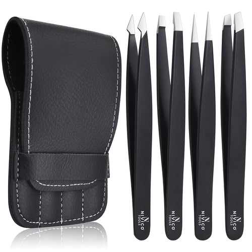 NIVICO Black Tweezers Set with Leather Pouch