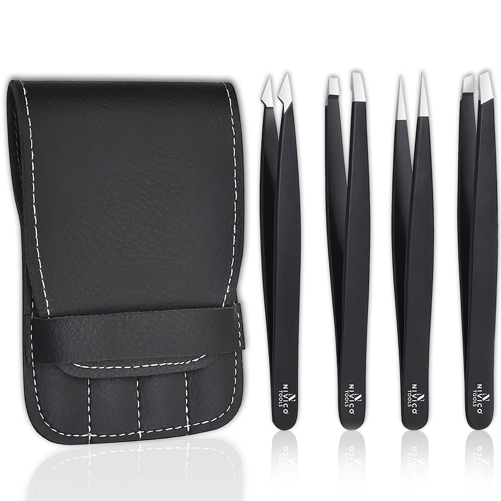 NIVICO Black Tweezers Set with Leather Pouch