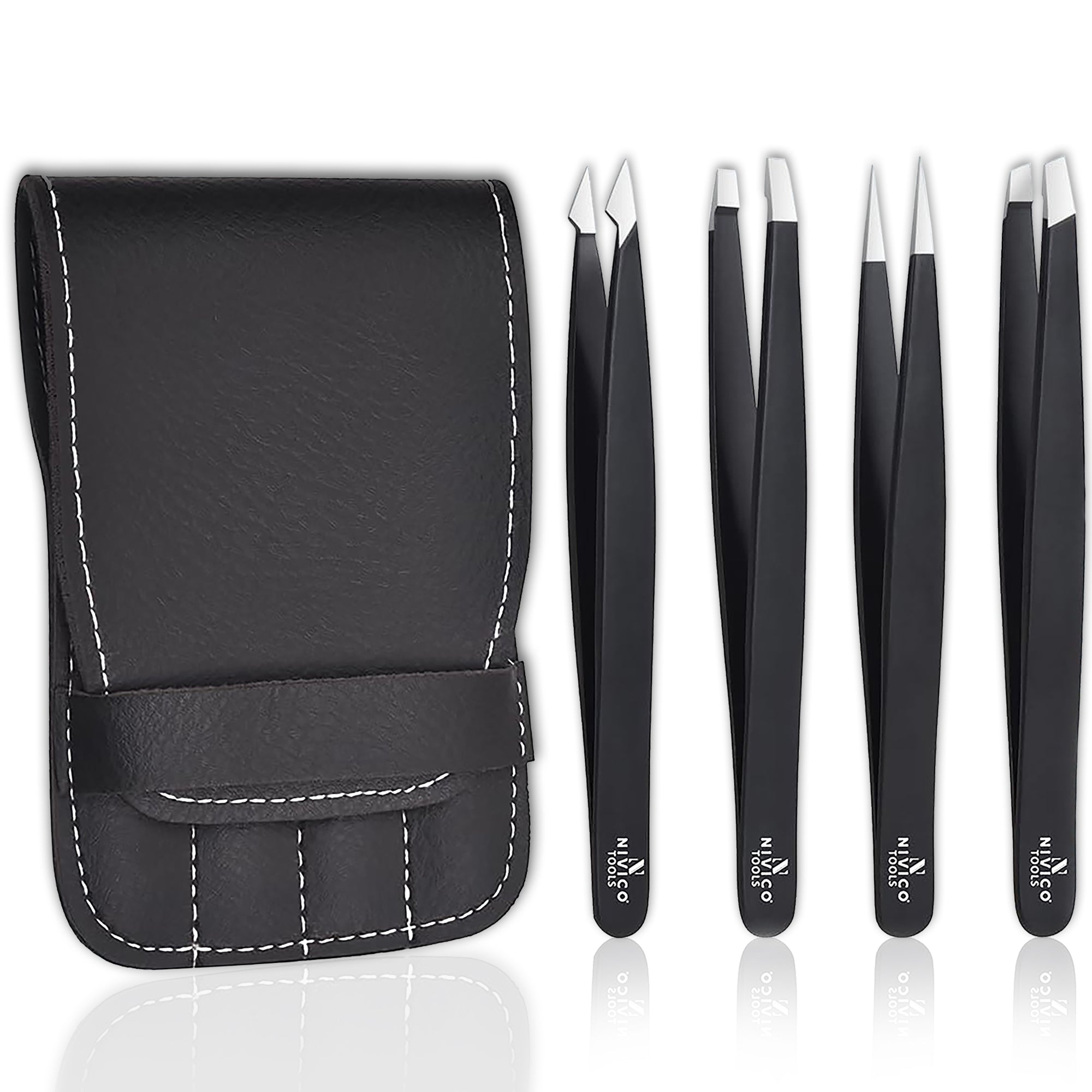 NIVICO Black Tweezers Set with Leather Pouch