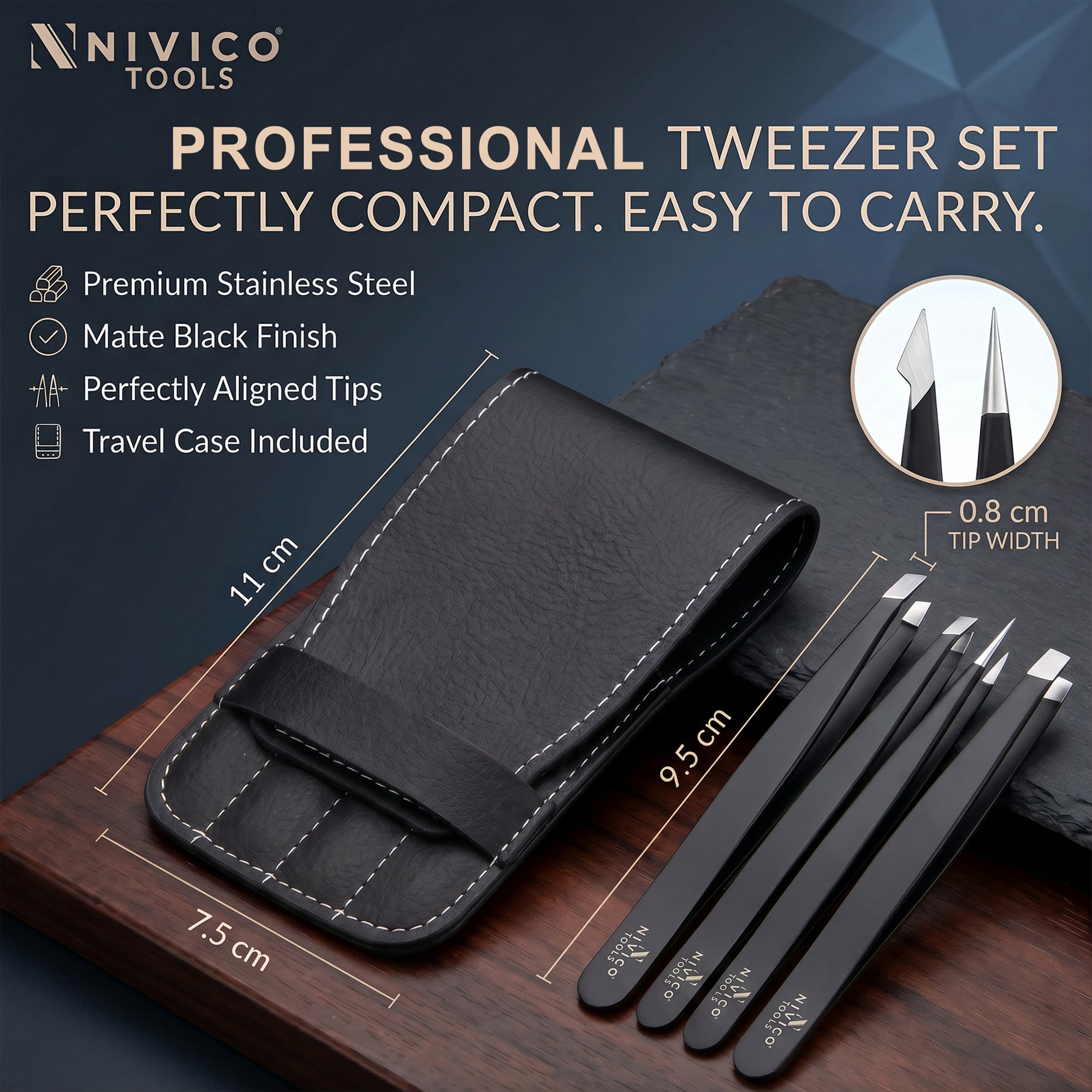NIVICO Black Tweezers Set with Leather Pouch