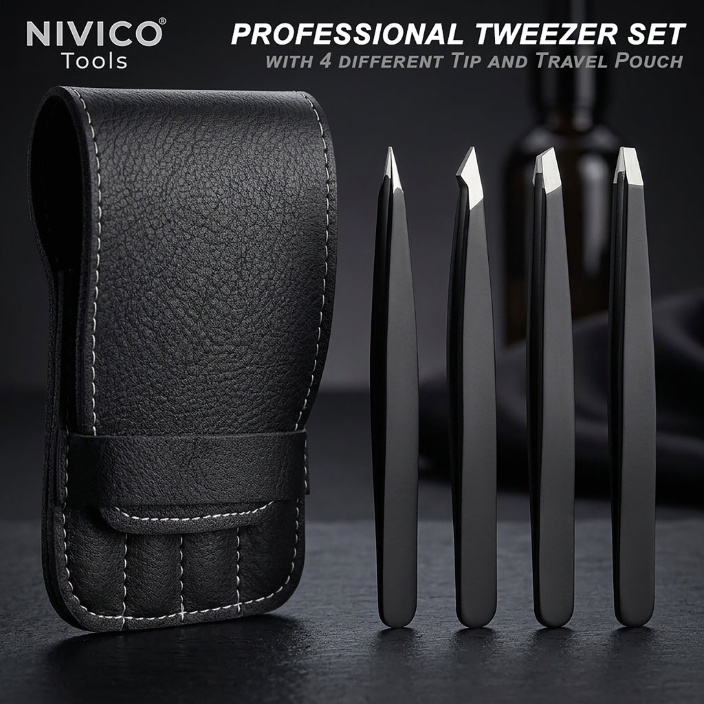 NIVICO Black Tweezers Set with Leather Pouch