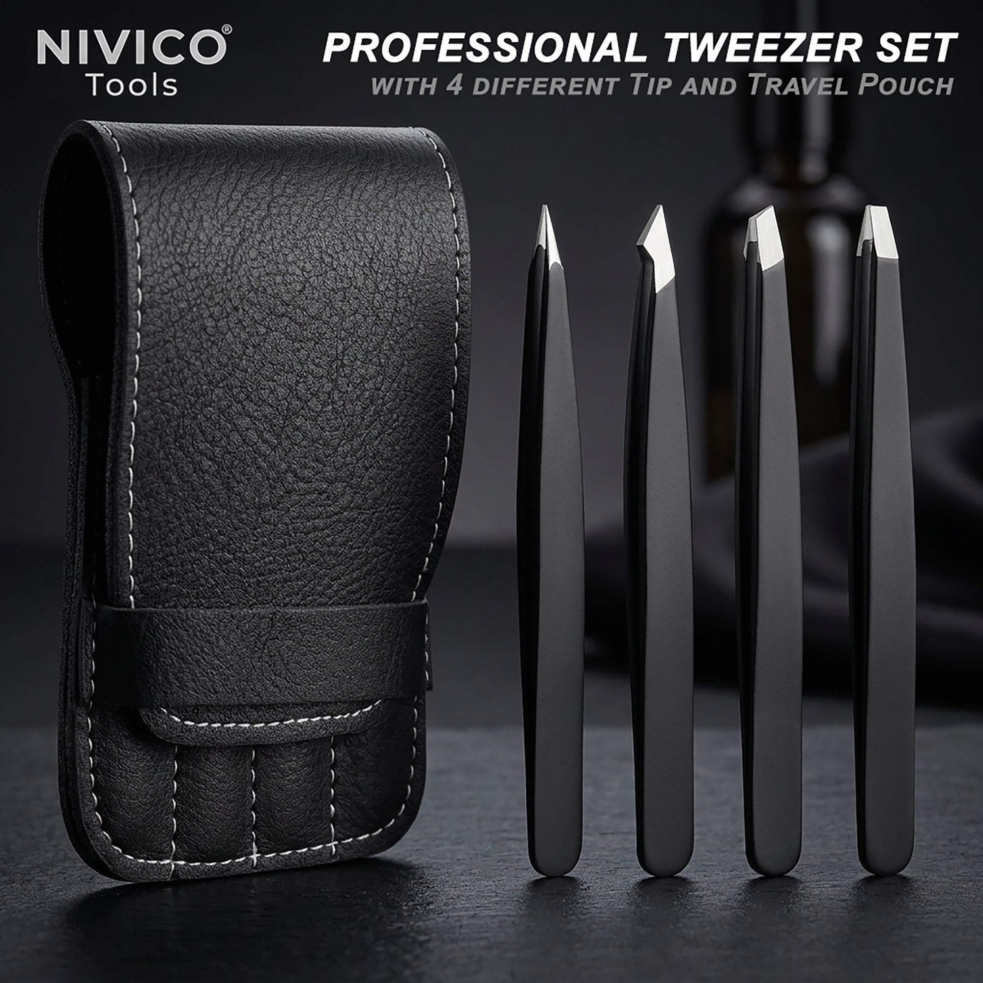 NIVICO Black Tweezers Set with Leather Pouch