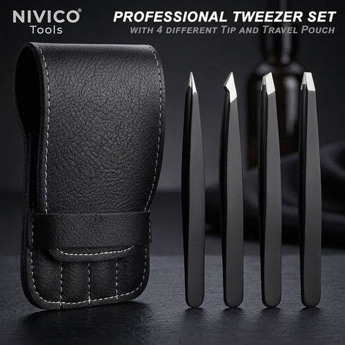 NIVICO Black Tweezers Set with Leather Pouch