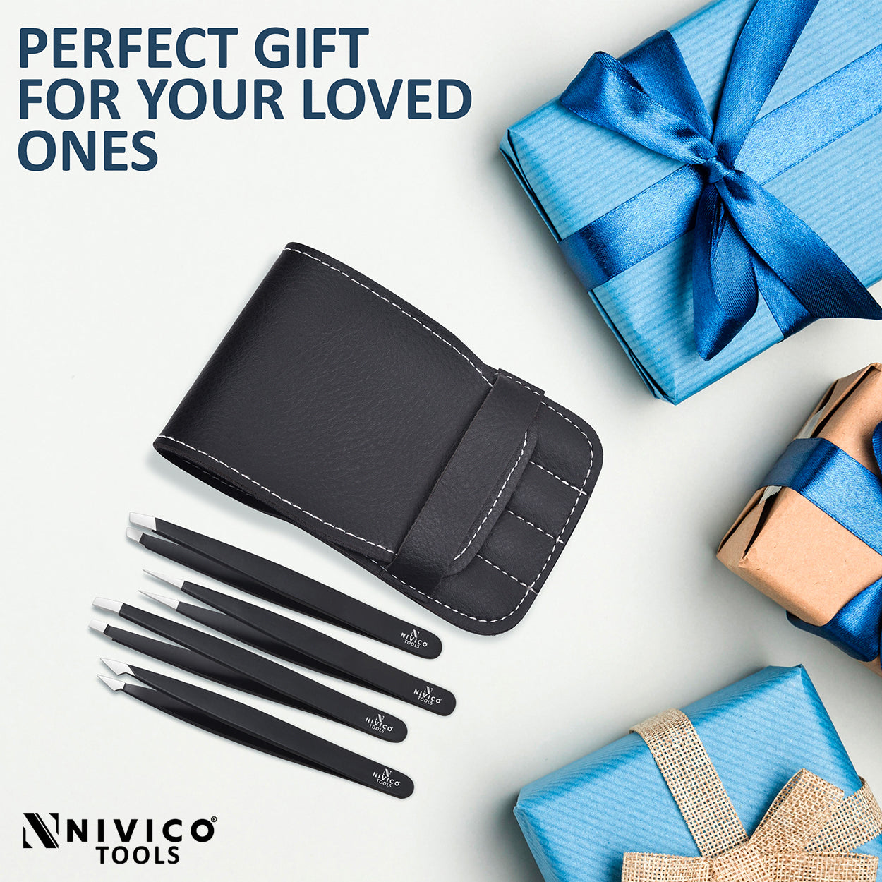 NIVICO Black Tweezers Set with Leather Pouch
