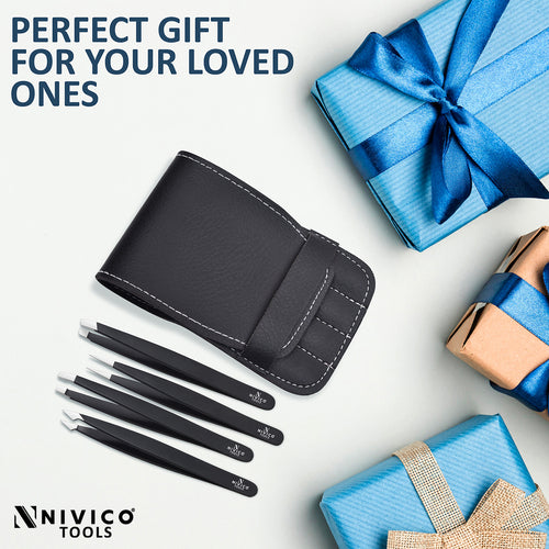 NIVICO Black Tweezers Set with Leather Pouch