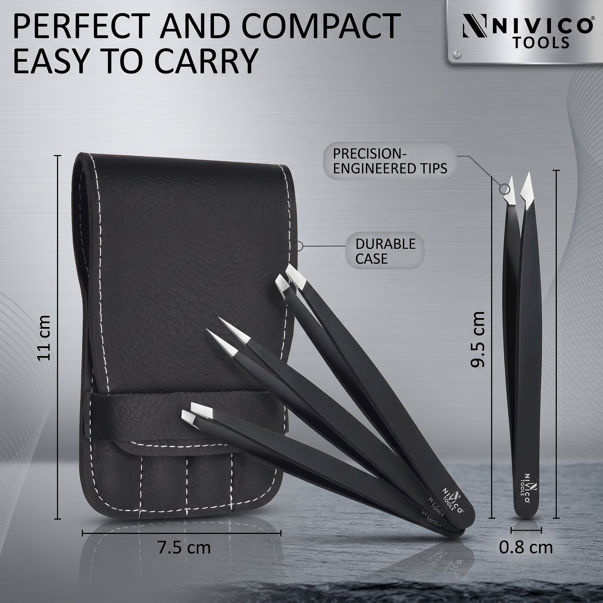 NIVICO Black Tweezers Set with Leather Pouch