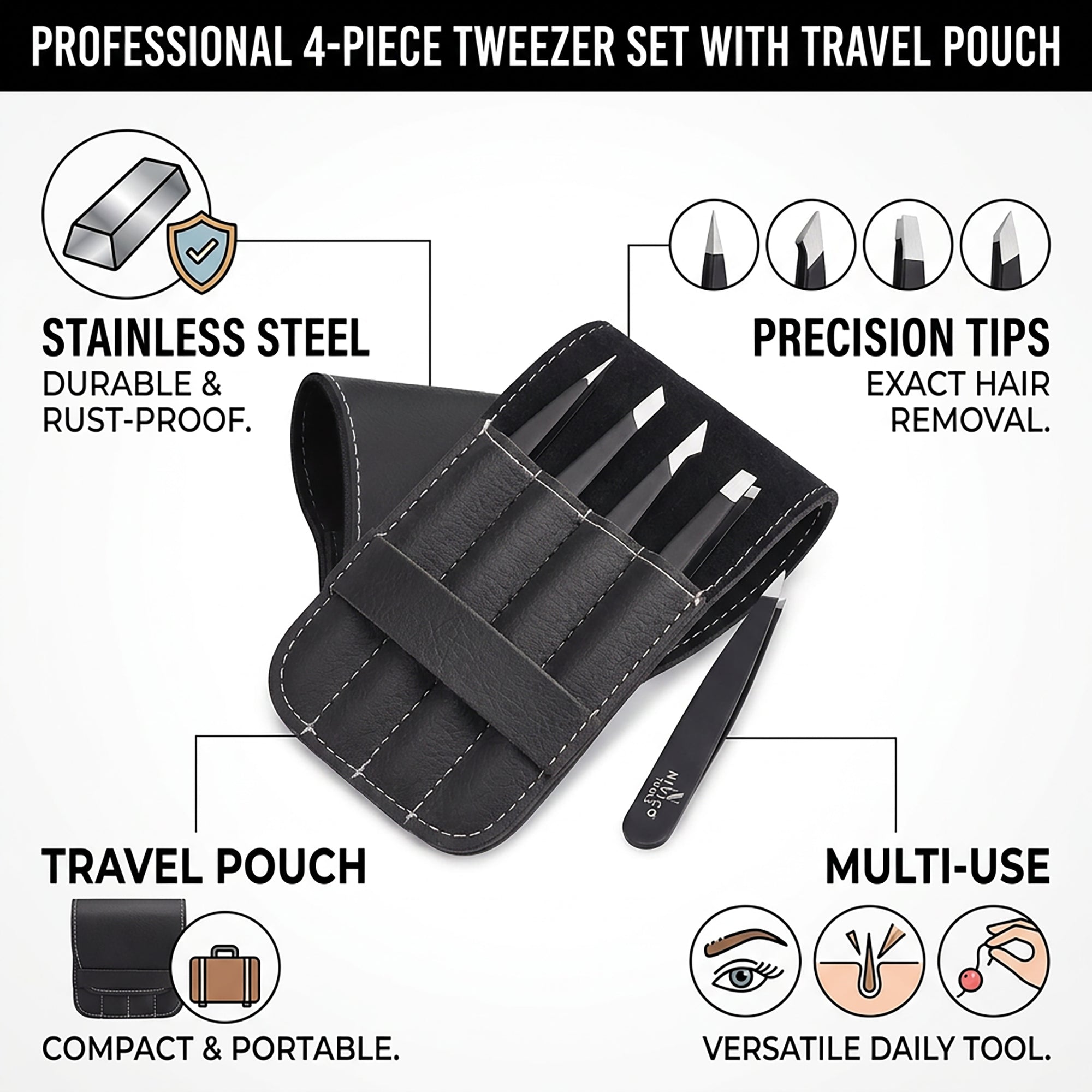 NIVICO Black Tweezers Set with Leather Pouch