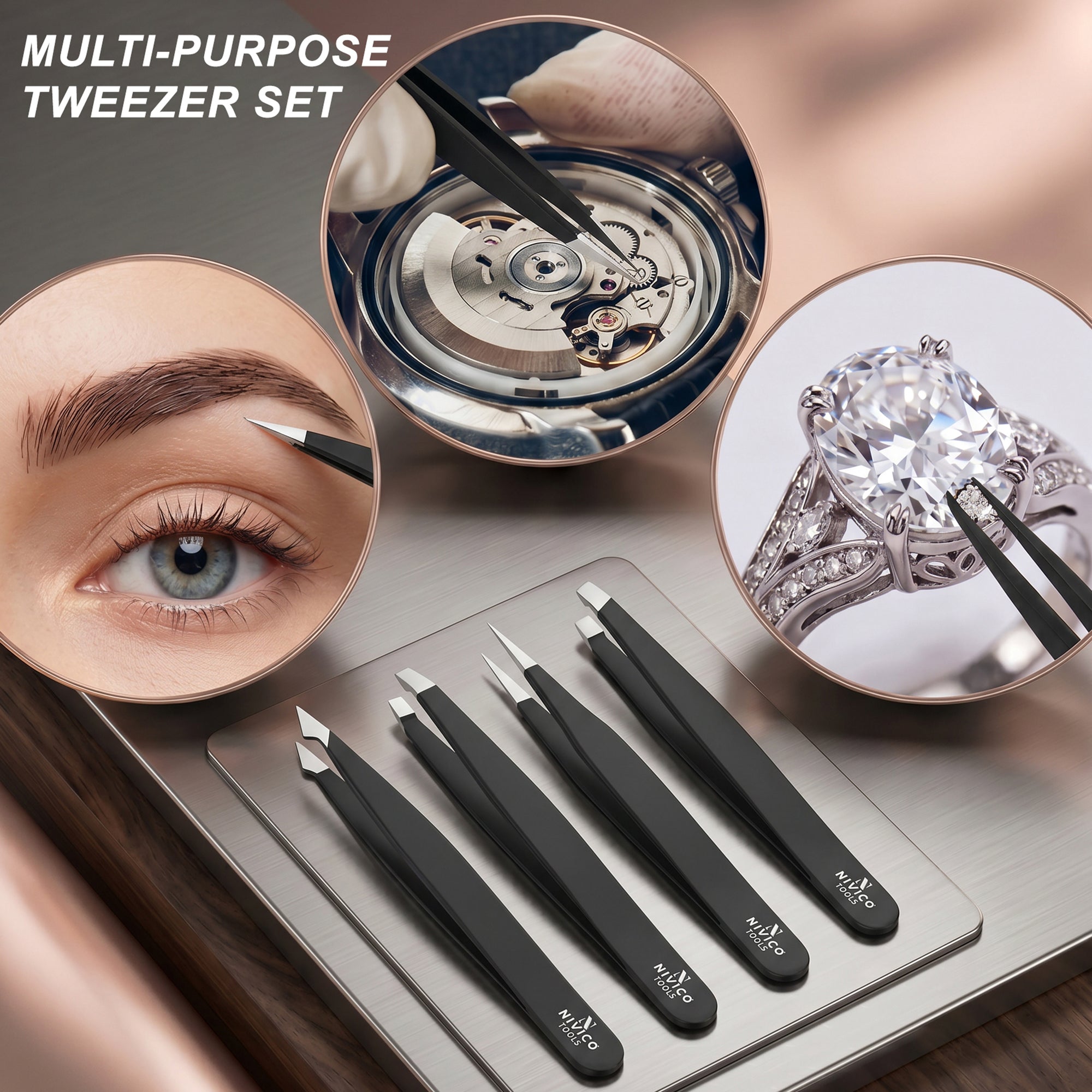 NIVICO Black Tweezers Set with Leather Pouch