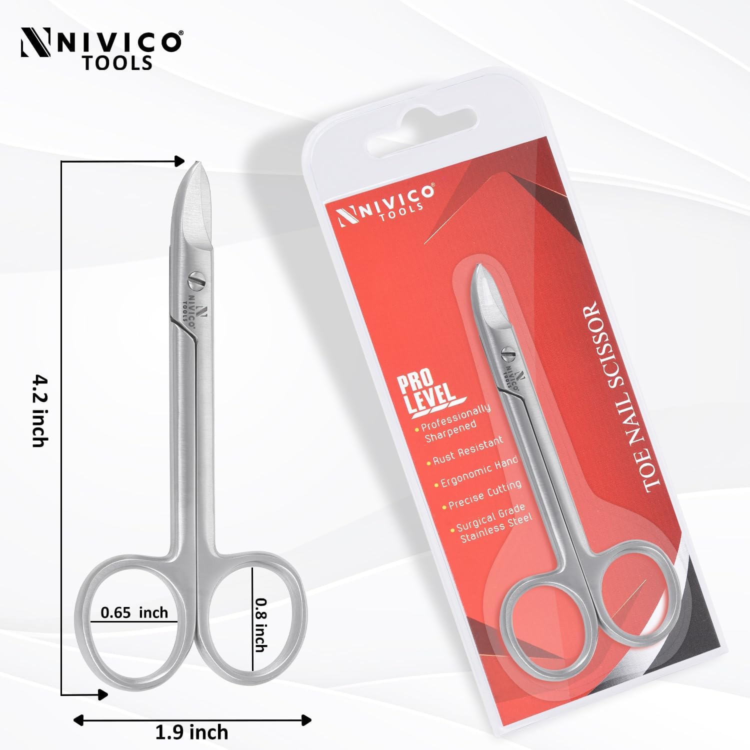 NIVICO Toenail Scissors - Stainless Steel Pedicure Scissor for Thick Nail 10.5cm Curved Blade