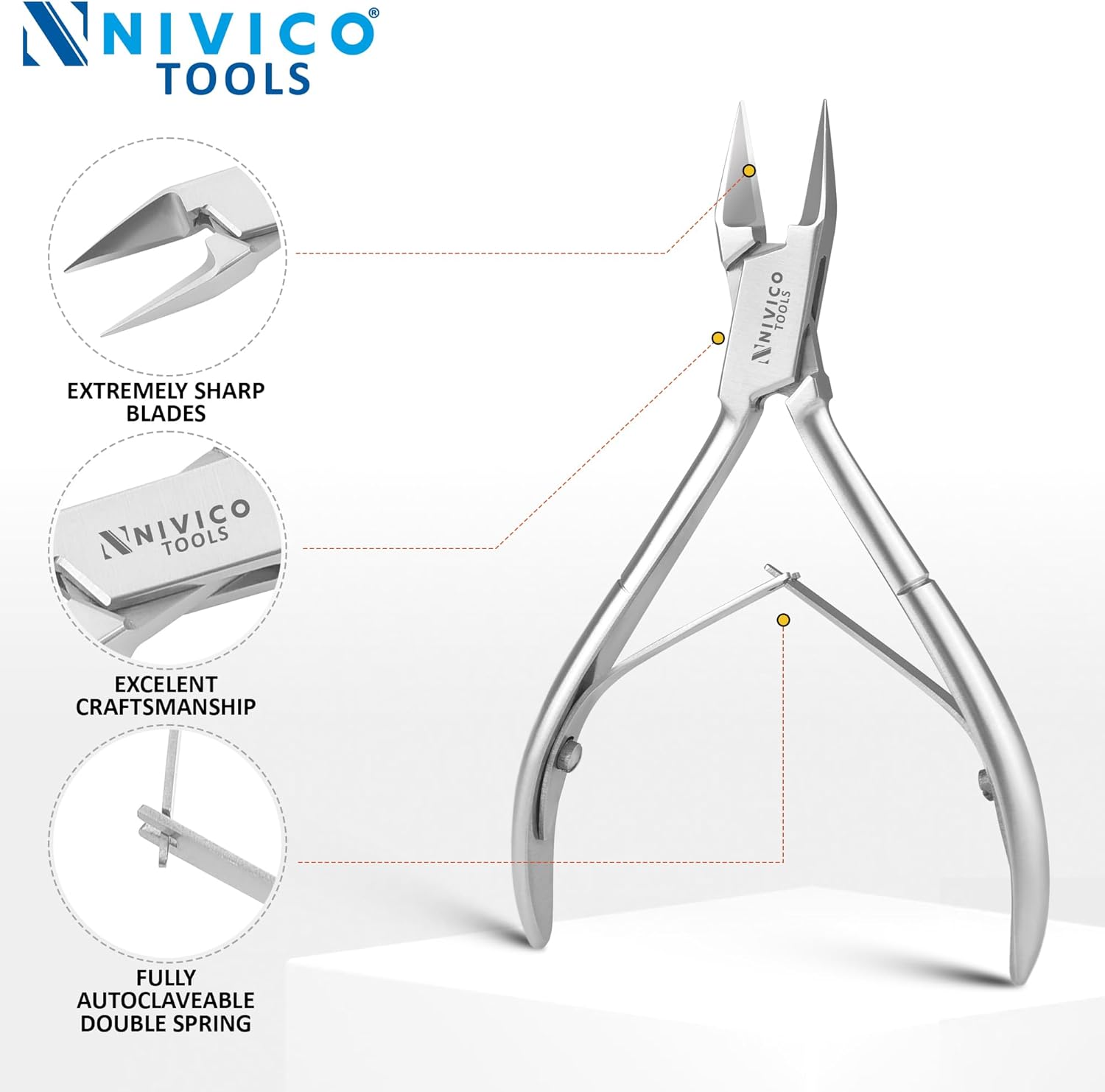 NIVICO Nail Cutter Corner Nipper Ingrown Toenail Trimmer 5" - 13cm Double Leaf Wire Spring, Podiatry Stainless Steel Nail Nippers